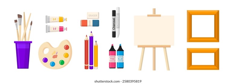 Painting tools. Art supplies: brushes, pencil, paints tubes, watercolor, palette, easel, frames. Painters equipment, drawing stationery. Cartoon vector illustrations set isolated on transparent.