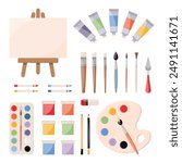 Painting tools, art supplies set. Paints, canvas, paint tubes, brushes, palette knife, watercolor palette, crayons, pencils, eraser. Artist equipment icons. Vector illustration