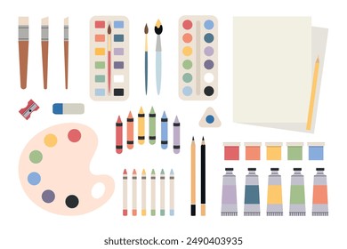 Painting tools, art supplies set. Paints, paint tubes, brushes, watercolor palette, crayons, pencils, erasers, sharpener. Vector illustration