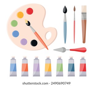 Painting tools, art supplies set. Paints, paint tubes, brushes, palette knife, watercolor palette. Artist equipment icons. Vector illustration