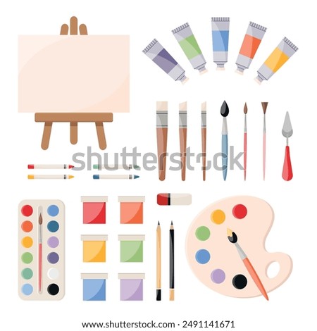 Painting tools, art supplies set. Paints, canvas, paint tubes, brushes, palette knife, watercolor palette, crayons, pencils, eraser. Artist equipment icons. Vector illustration