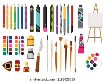 Painting tools cartoon illustration set. Drawing creative materials for workshops designs. Painter art equipments. Artistic decorative elements of art supplies with easel palette paints brush