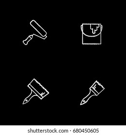 Painting tools chalk icons set. Paint brushes, bucket, roller. Isolated vector chalkboard illustrations