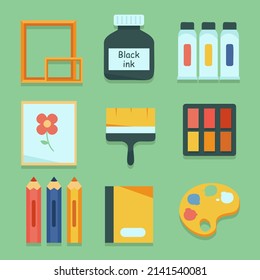 Painting tools. Creative materials for art workshop set in cartoon style. Easel, canvas, pencil, marker, paintbrush, watercolor painting tools. Vector illustration.