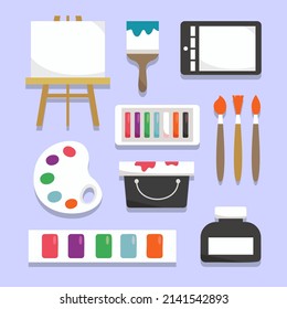 Painting tools. Creative materials for art workshop set in cartoon style. Easel, canvas, pencil, marker, paintbrush, watercolor painting tools. Vector illustration.