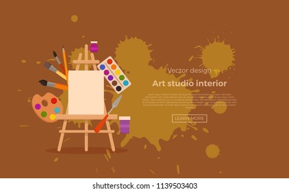 Painting tools elements cartoon colorful vector concept. Art supplies: easel, canvas, paint tubes, brushes, watercolor splash background. Drawing creative materials illustration for workshops designs