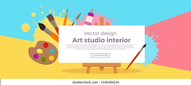 Painting Tools Elements Cartoon Colorful Vector Concept. Art Supplies: Easel, Canvas, Paint Tubes, Brushes, Watercolor Splash Background. Drawing Creative Materials Illustration For Workshops Designs