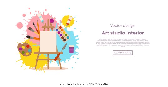 Painting tools elements cartoon colorful vector concept. Art supplies: easel, canvas, paint tubes, brushes, watercolor splash background. Drawing creative materials illustration for workshops designs