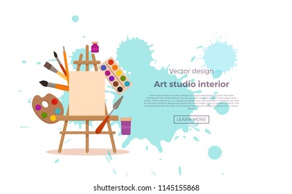 Painting tools elements cartoon colorful vector concept. Art supplies: easel, canvas, paint tubes, brushes, watercolor splash background. Drawing creative materials illustration for workshops designs