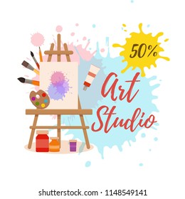 Painting tools elements cartoon colorful vector concept. Art supplies: easel, canvas, paint tubes, brushes, watercolor splash background. Drawing creative materials illustration for workshops designs