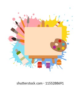 Painting tools elements cartoon colorful vector concept. Art supplies: easel, canvas, paint tubes, brushes, watercolor splash background. Drawing creative materials illustration for workshops designs