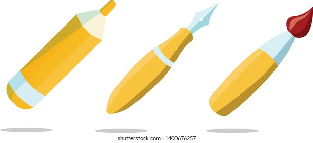 Painting tools elements cartoon colorful icon vector set. Art supplies: brushes, pencil. Drawing creative  for workshops designs
