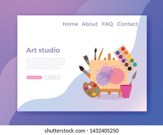 Painting tools elements cartoon colorful vector concept. Art supplies: easel, canvas, paint tubes, brushes, watercolor splash background. Drawing creative materials illustration for workshops designs