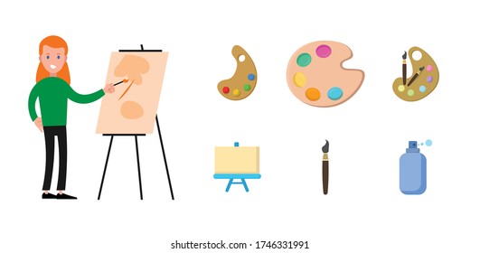 Painting tools elements cartoon colorful vector set. Art supplies: easel with canvas, brushes, watercolor, palette. Drawing creative materials for workshops designs