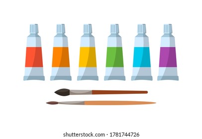 Herramientas de pintura elementos cartografía conjunto de vector colorido aislado en fondo blanco. Artículos de arte, cepillos, tubos con acuarela. Diseñar materiales creativos para el banner de los talleres, tarjeta