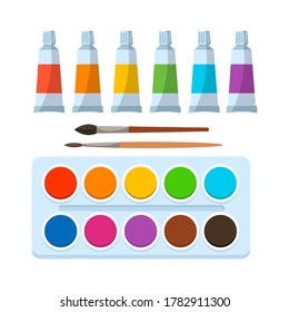 Painting tools elements cartoon colorful vector set isolated on white background. Art supplies, brushes,  watercolor. Design  creative materials for workshops banner, card