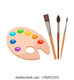 Painting tools elements cartoon colorful vector set isolated on white background. Art supplies, brushes,  watercolor, wooden palette. Design  creative materials for workshops banner, card
