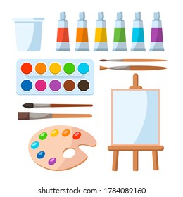 Painting tools elements cartoon colorful vector set isolated on white. Art supplies, glass for water, brushes, container watercolor, tube, easel. Design  creative materials for workshops, banner, card