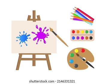 Painting tools elements cartoon colorful concept. Drawing creative materials illustration for workshops designs