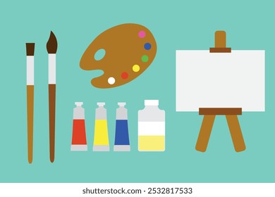 Painting tools elements cartoon colorful vector set isolated on green background. Art supplies, brushes, watercolor, wooden palette. Design creative materials for workshops banner, card