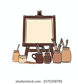 Painting tools elements cartoon colorful vector concept. Art supplies: easel, canvas, paint tubes, brushes. Painter art tools.