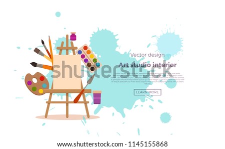 Painting tools elements cartoon colorful vector concept. Art supplies: easel, canvas, paint tubes, brushes, watercolor splash background. Drawing creative materials illustration for workshops designs