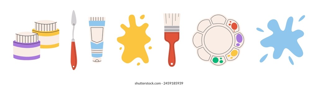 Painting tools elements set. Art supplies, blot of paint, brushes, tube and cans of paint, palette knife, palette. Flat vector illustration isolated on white. Hand drawn style.