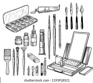 Painting tools elements sketch vector set. Hand-drawn sketch icons - easel, paint, pencils, brushes. Isolated vector for packaging design, web store, school art section. 