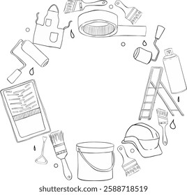 Painting tools elements vector circle round frame. Graphic line ink renovate supplies paint can opener, color can, apron, bucket, can, Brush, Roller, Paint tray, Masking tape, Ladder, Step ladder 
