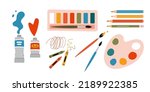 Painting tools elements vector set, cartoon style. Art supplies: paint tubes, brushes, pencil, watercolor, palette. Trendy modern vector illustration isolated on white, hand drawn, flat design.