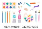 Painting tools elements vector set in cartoon style. Art supplies: paint tubes, brushes, pencils, watercolor, palette, crayons. Vector hand draw illustration.