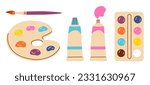 Painting tools elements vector set in cartoon style. Art supplies: paint tubes, brushes, watercolor, palette.