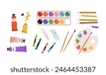 Painting tools elements vector set, cartoon style. Art supplies: paint tubes, brushes, pencil, watercolor, palette. Trendy modern vector illustration isolated on white, hand drawn, flat design.