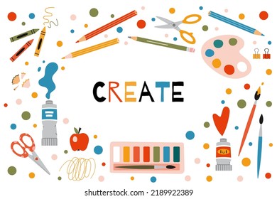 Painting tools elements vector set  cartoon style  Art supplies: paint tubes  brushes  pencil  watercolor  palette  Trendy modern vector illustration isolated white  hand drawn  flat design 