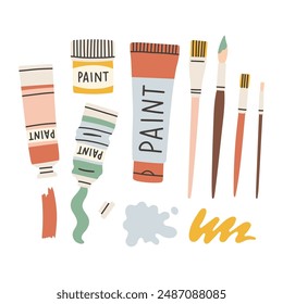 Painting tools elements vector set in cartoon style. Art supplies paint tubes, brushes, brush strokes.