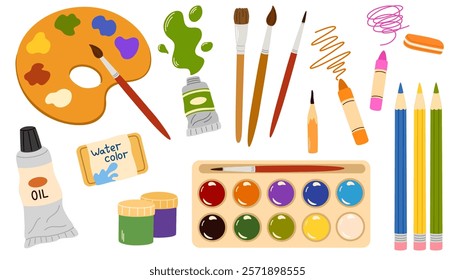 Painting tools elements vector set in cartoon style. Art supplies, paint tubes, brushes, pencils, watercolor, palette, crayons. Vector hand draw illustration isolated on white background.