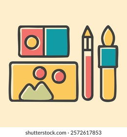 Painting tools elements vector set. art supplies : brush, color pallet, pencil etc. trendy modern vector collections. 