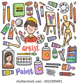 Painting tools and equipments, colorful graphics elements and illustrations. Objects vector art such as canvas, crayon, acrylic, oil paint, spray paint, brush are included in this doodle cartoon set.