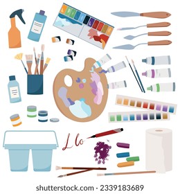 Painting tools flat composition of paintbrushes paints crayons spatulas palette on white background vector illustration