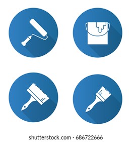 Painting tools flat design long shadow glyph icons set. Paint brushes, bucket, roller. Vector silhouette illustration