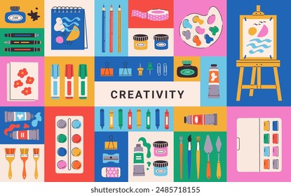 Painting tools in flat style. Geometric modern design. Art supplies: brushes, paint tubes, pencils, watercolor, palette, crayons, sketchbook. Concept for poster, banner, flyer. Vector illustration.