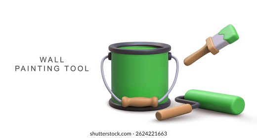 Painting Tools With Green Paint Bucket, Brush, And Roller In 3D Cartoon Style, Perfect For Home Renovation, DIY, And Decoration Projects, Bright And Fun Vector Illustration.
