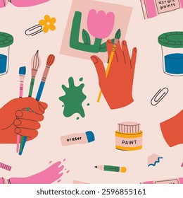 Painting tools hand drawn seamless pattern. Painters equipment, drawing stationery. Flat graphic vector illustrations.