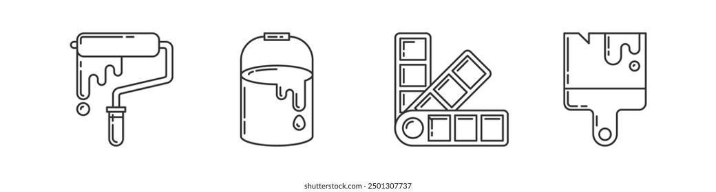 Iconos de herramientas de pintura. rodillo de pintura, cubo de pintura, paleta de colores, pincel de pintura. Símbolos de esquema para la renovación, mejoras para el hogar, proyectos de bricolaje