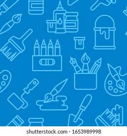 Patrón de iconos de herramientas de pintura. Herramientas de arte y artesanía sin problemas. Ilustración vectorial de patrones sin problemas