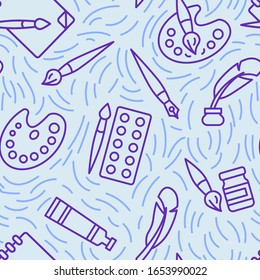 Patrón de iconos de herramientas de pintura. Herramientas de arte de fondo transparente. Ilustración vectorial de patrones sin problemas