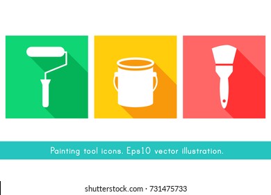 Painting tools icons with roller, bucket and brush in flat design