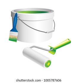 Painting tools for  for interior painting works - roller, brush and bucket of paint. Realistic vecror illustration set isolated on white background