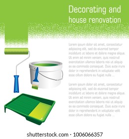 Painting tools for interior painting works - roller, brush and bucket of paint. Vecror illustration isolated on white background
