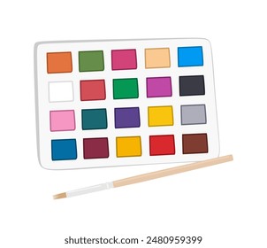 Herramientas de pintura aisladas sobre fondo blanco. Suministros de arte, pinturas de acuarela con paleta y pincel en estilo de dibujos animados. Herramienta principal de la persona creativa. Ilustración vectorial plana colorida